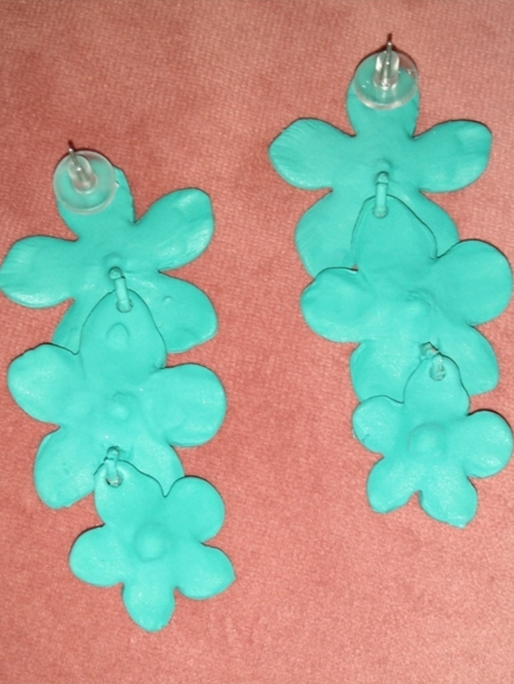 Big Aqua Blue Turquoise Triple Flower Blossom Earrings 3D Large Floral 3 Flowers - Picture 3 of 5